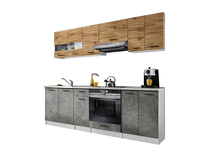 Cuisine Bigo 8 éléments - finition bas BETON haut BOIS 240 cm