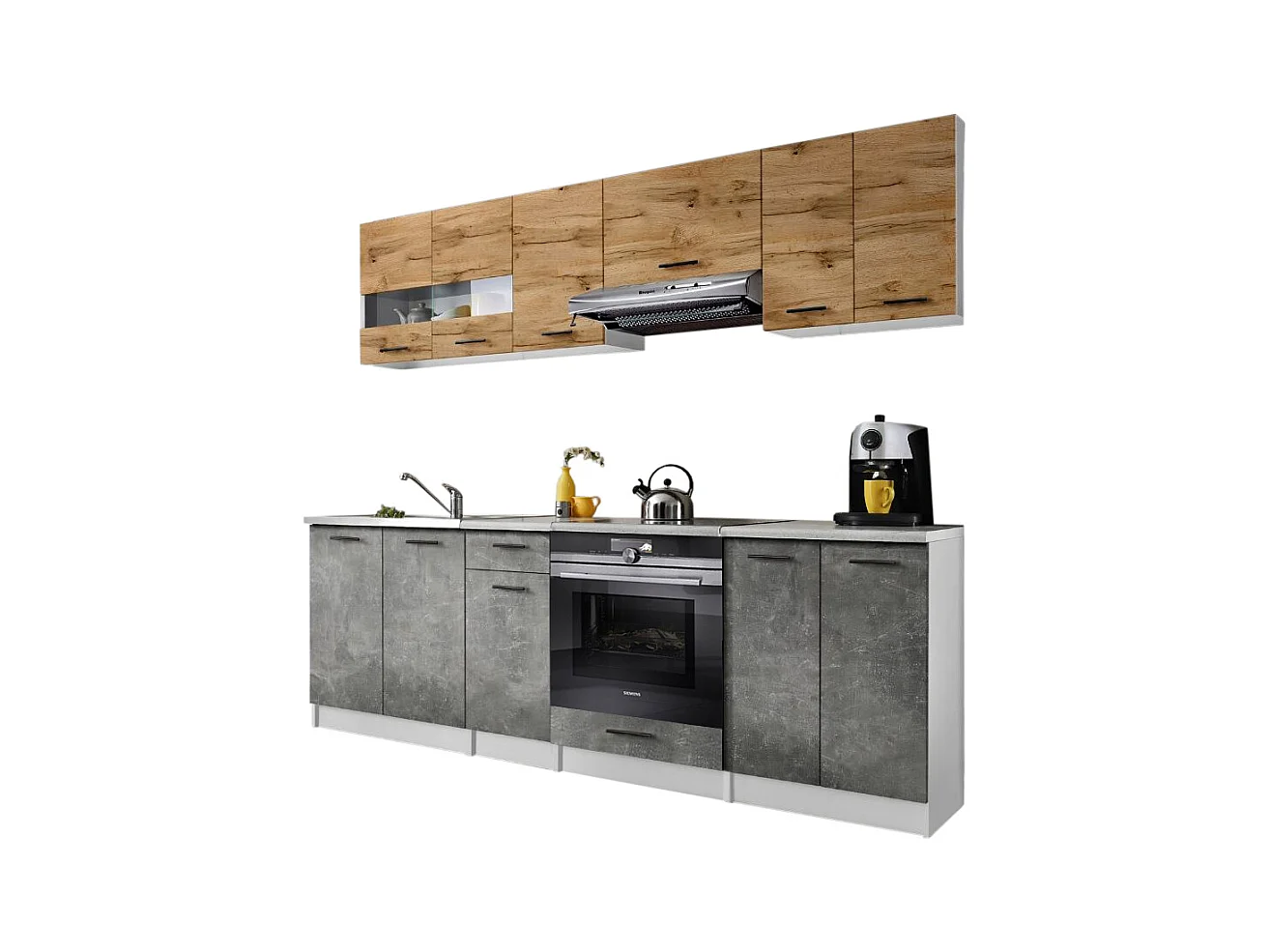 Cuisine Bigo 8 éléments - finition bas BETON haut BOIS 240 cm