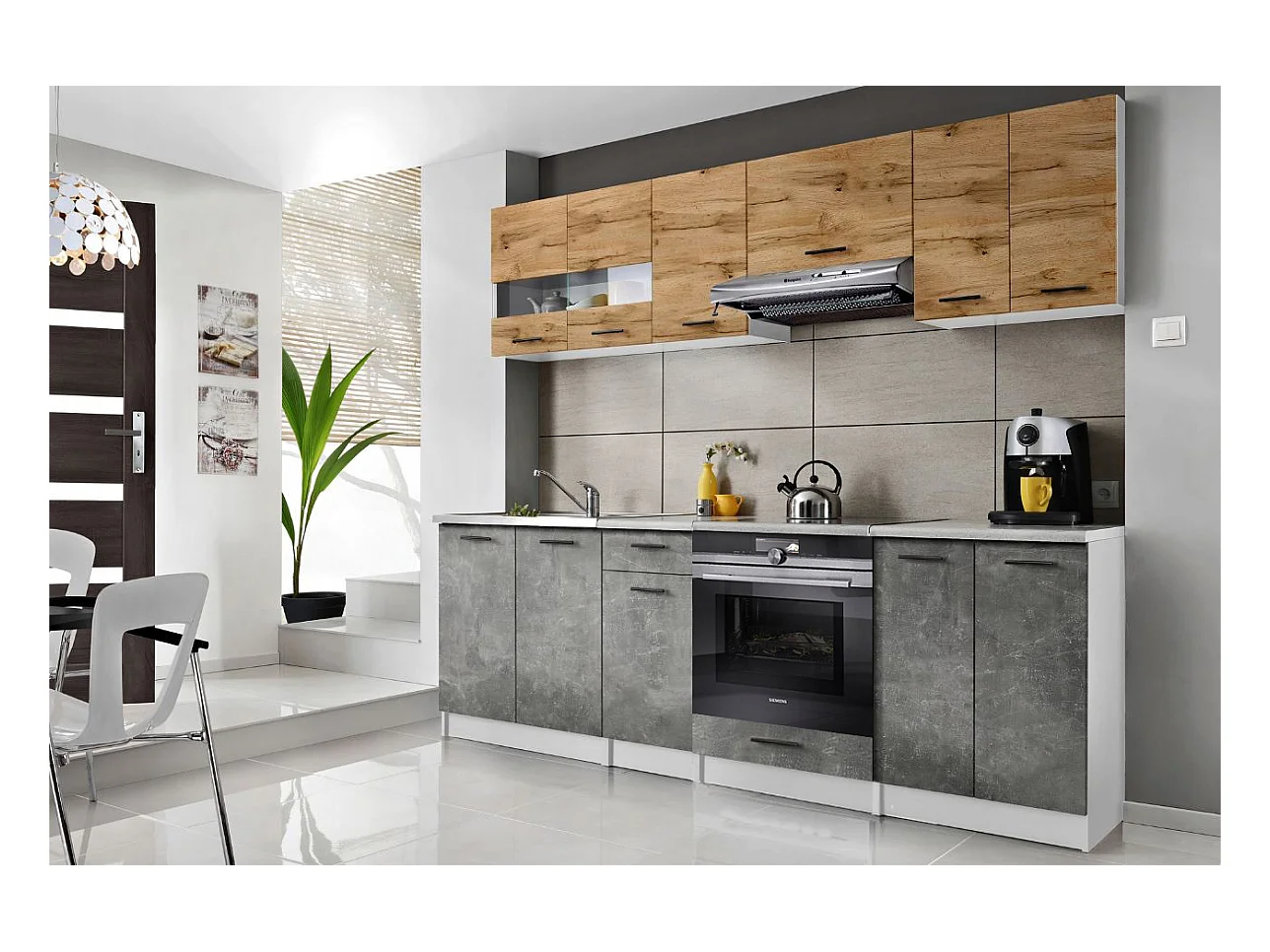 Cuisine Bigo 8 éléments - finition bas BETON haut BOIS 240 cm