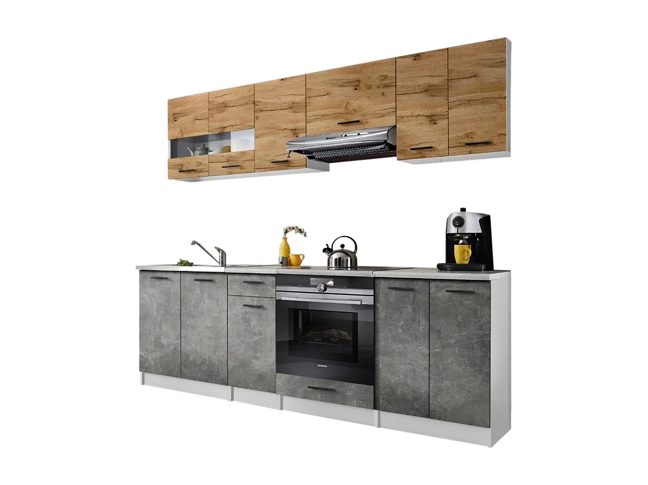 Cuisine Bigo 8 éléments - finition bas BETON haut BOIS 240 cm