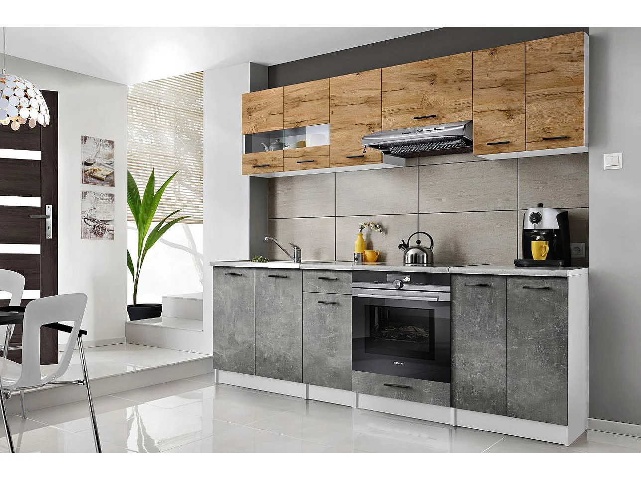 Cuisine Bigo 8 éléments - finition bas BETON haut BOIS 240 cm