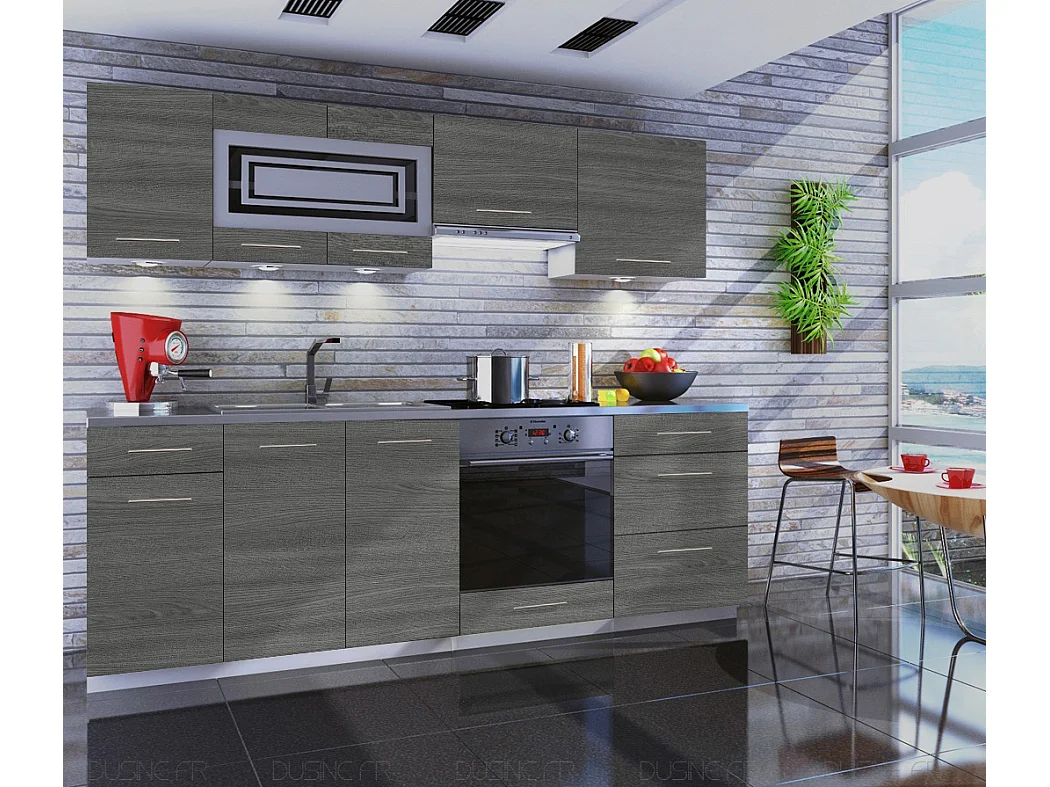 Cuisine GIOVANNA 8 éléments - bois grisé 2m40 casserolier four encastrable