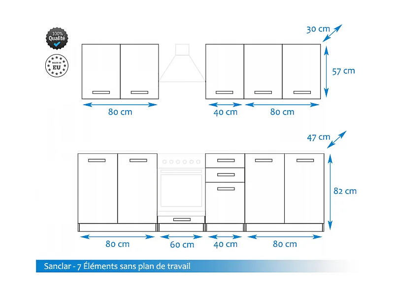 Cuisine Sanclar 7 éléments - blanc blanc laqué - 2m60 four encastrable