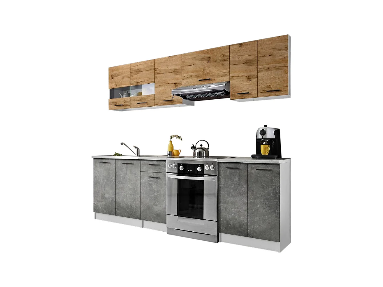 Cuisine Bigo 7 éléments - finition bas BETON haut BOIS 240 cm