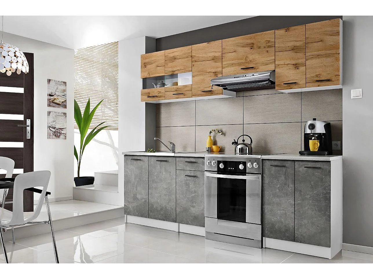 Cuisine Bigo 7 éléments - finition bas BETON haut BOIS 240 cm