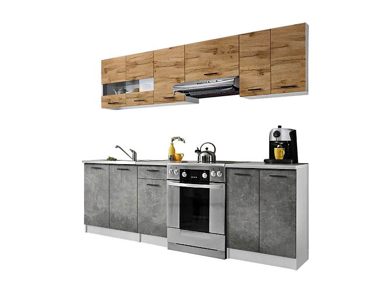 Cuisine Bigo 7 éléments - finition bas BETON haut BOIS 240 cm