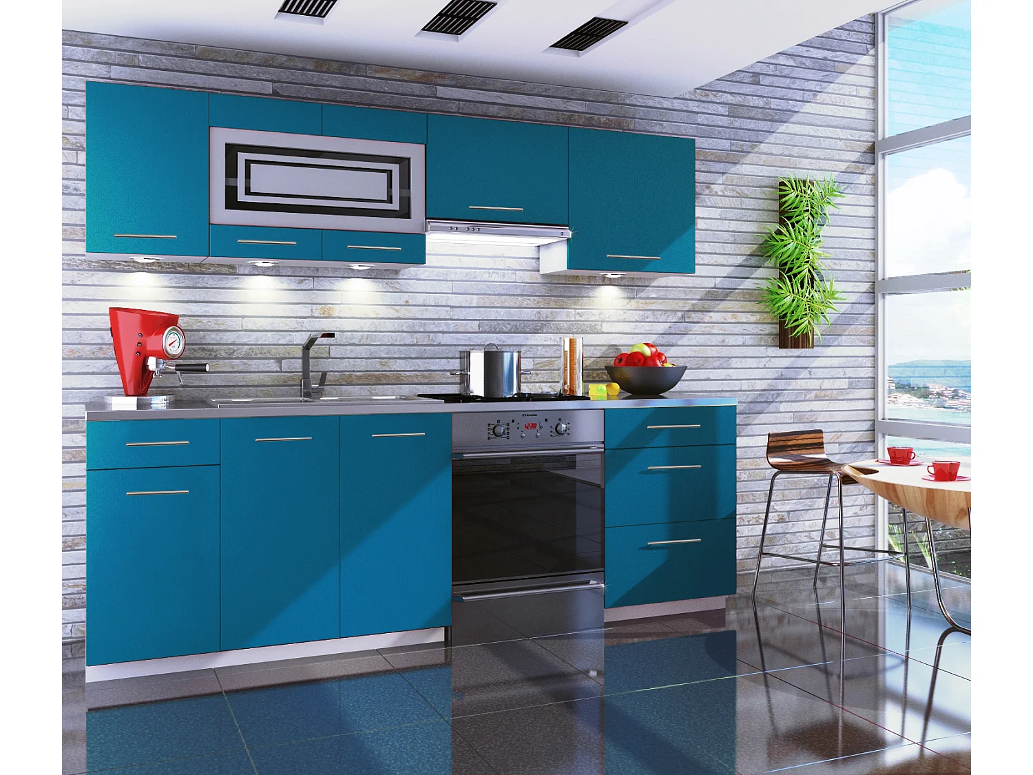 Cuisine GIOVANNA 7 éléments - turquoise mat 2m40 - grand casserolier