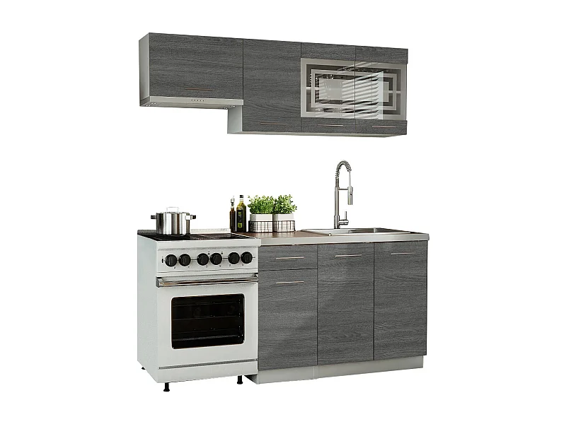 Cuisine GIOVANNA 5 éléments - bois grisé 1m80 - portes vitrées à motif