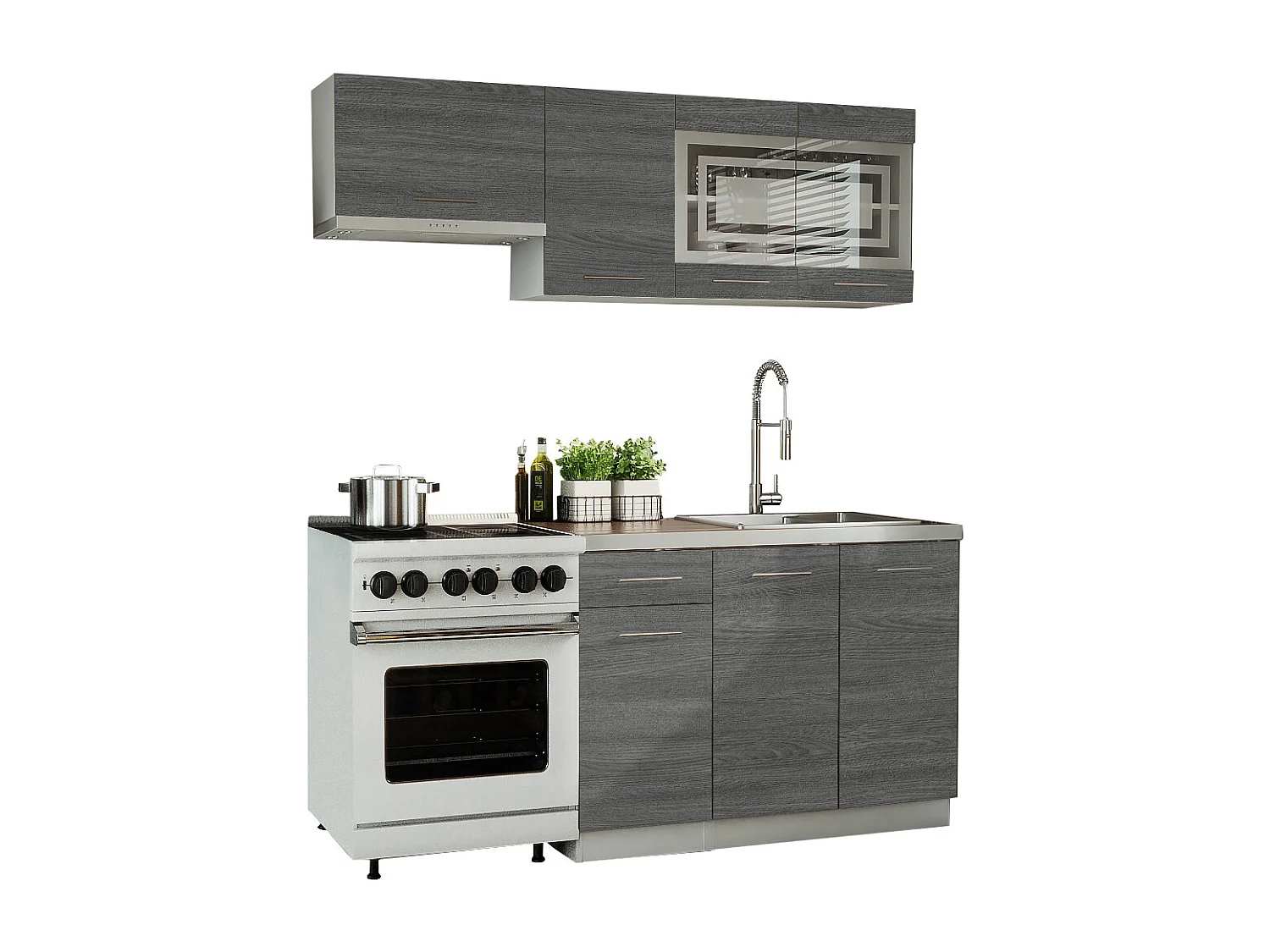 Cuisine GIOVANNA 5 éléments - bois grisé 1m80 - portes vitrées à motif