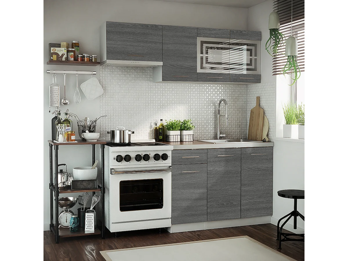 Cuisine GIOVANNA 5 éléments - bois grisé 1m80 - portes vitrées à motif