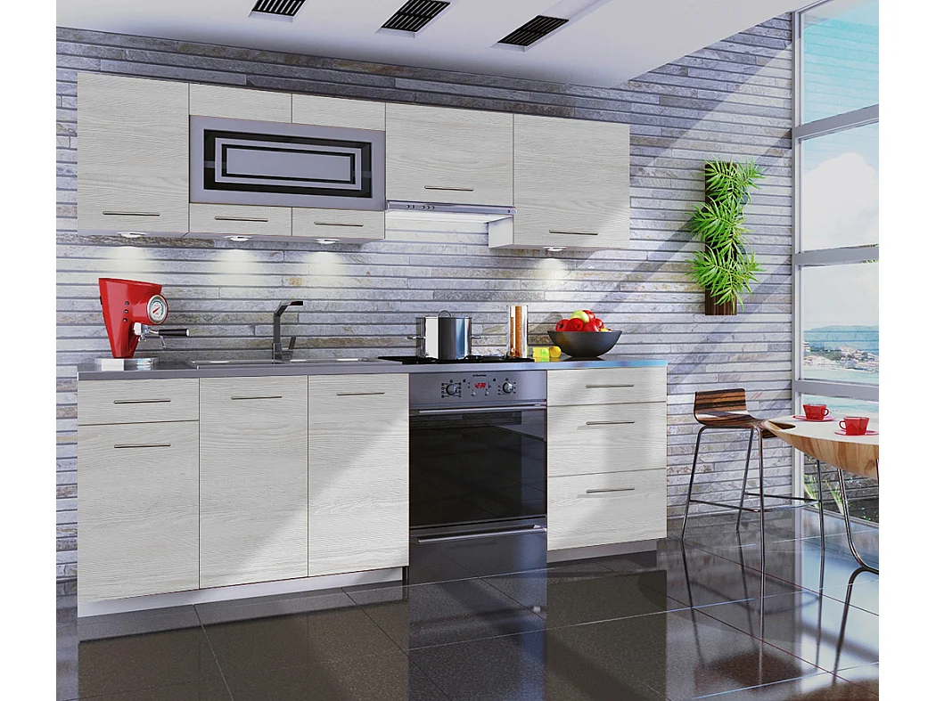 Cuisine GIOVANNA 7 éléments - bois blanchi 2m40 - grand casserolier