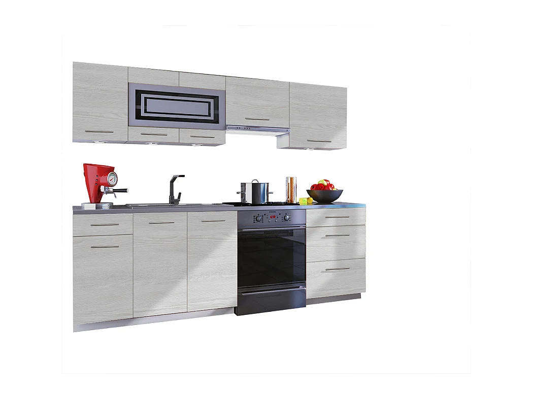 Cuisine GIOVANNA 7 éléments - bois blanchi 2m40 - grand casserolier
