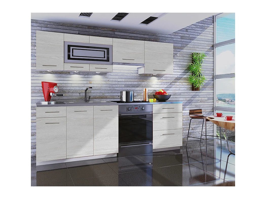 Cuisine GIOVANNA 7 éléments - bois blanchi 2m40 - grand casserolier