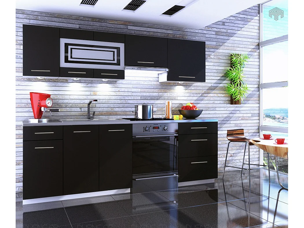 Cuisine GIOVANNA 7 éléments - noir mat 2m40 - grand casserolier