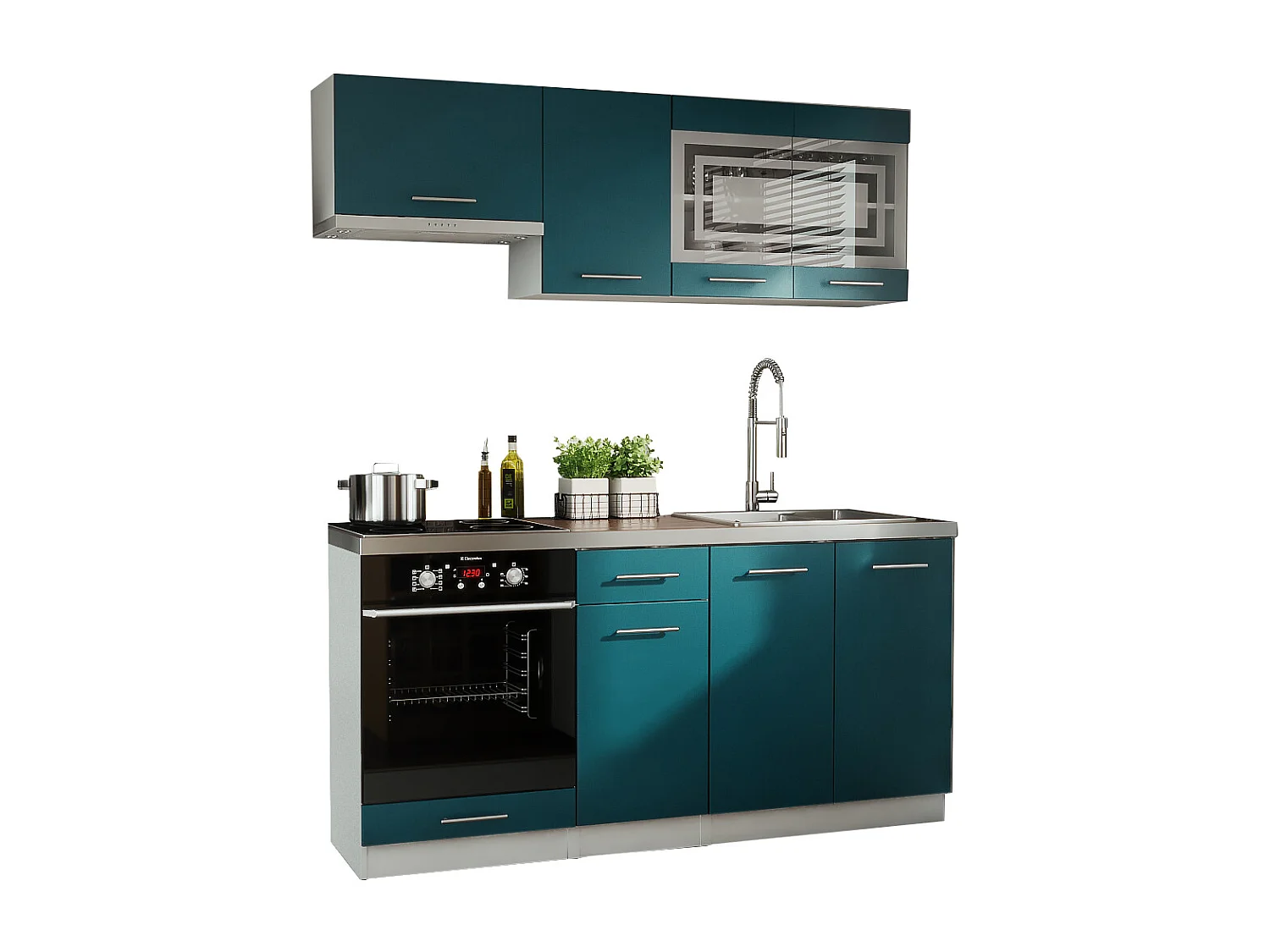 Cuisine GIOVANNA 6 éléments - turquoise mat 1m80 portes vitrées four encastrable