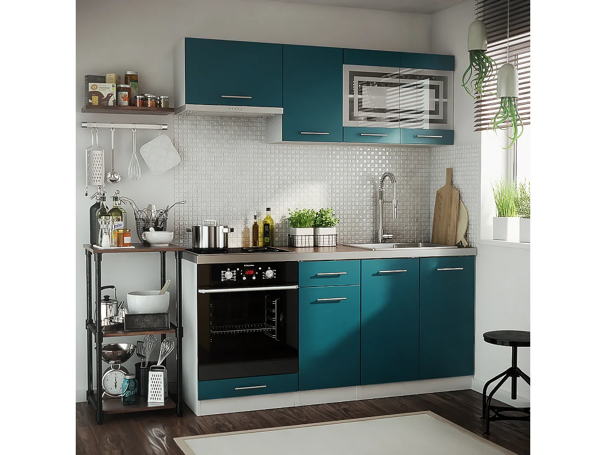 Cuisine GIOVANNA 6 éléments - turquoise mat 1m80 portes vitrées four encastrable
