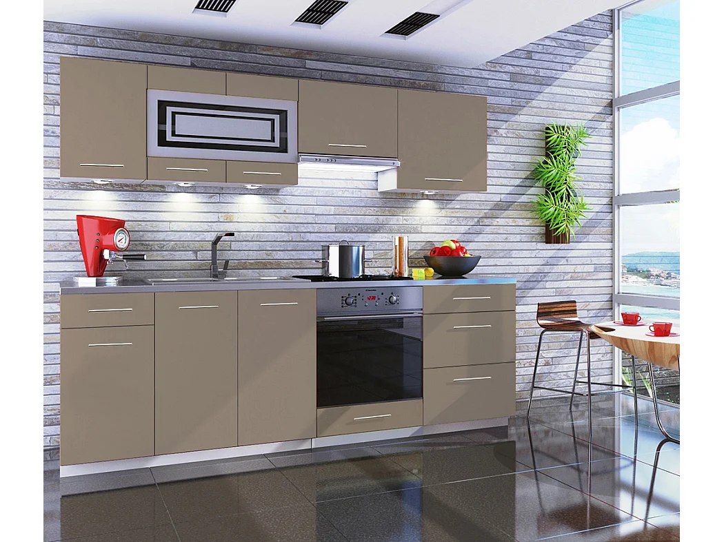 Cuisine GIOVANNA 8 éléments - taupe mat 2m40 casserolier four encastrable