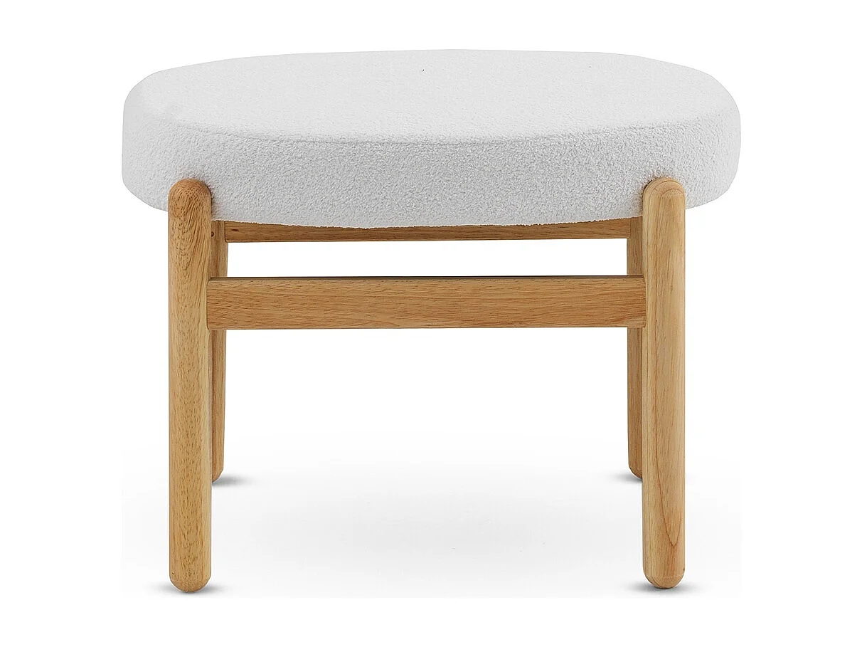 Puf tapizado en boucle blanco con estructura y patas en pino natural