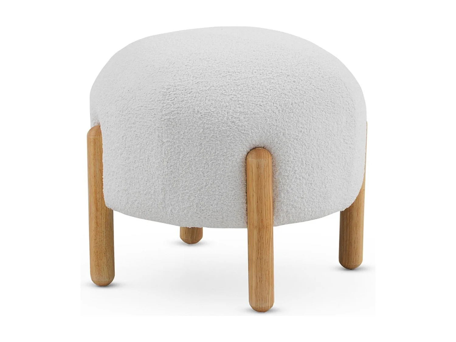 Puf tapizado en boucle blanco con estructura y patas en madera pino natural