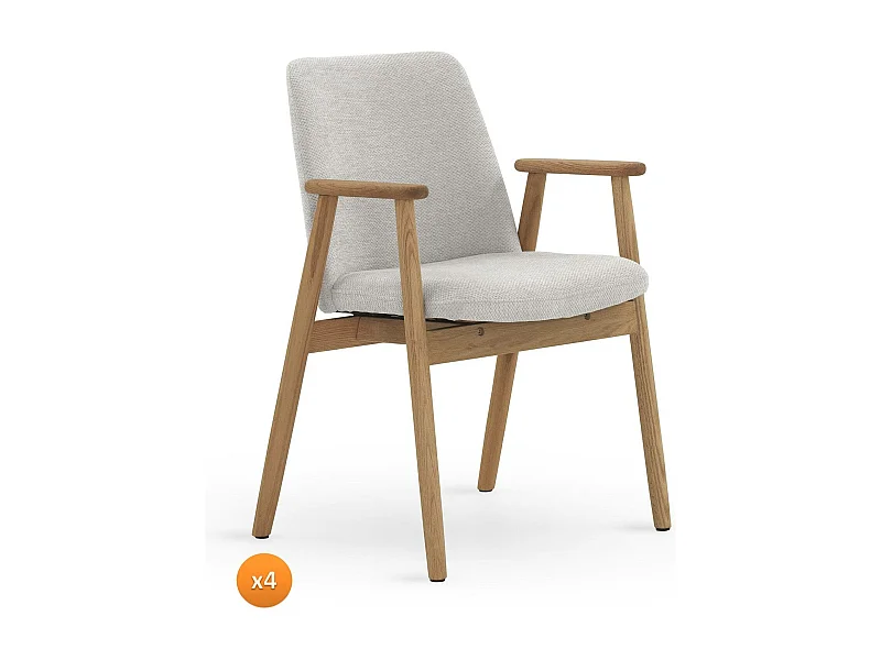 Pack 4 sillones con brazo de madera de roble natural tapizado en blanco