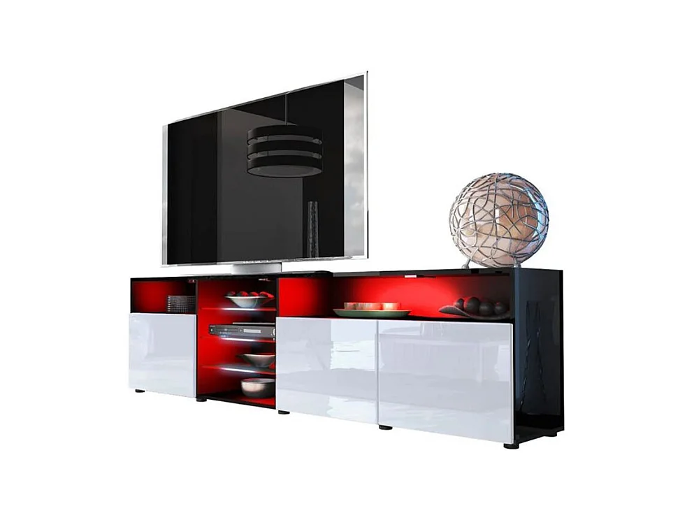 MEUBLE TV MASSIMO 200 cm Noir Mat et portes Blanc Laquées LED RGB
