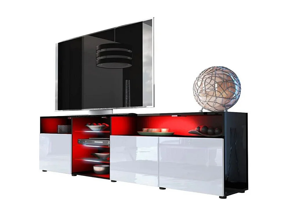 MEUBLE TV MASSIMO 200 cm Noir Mat et portes Blanc Laquées LED RGB