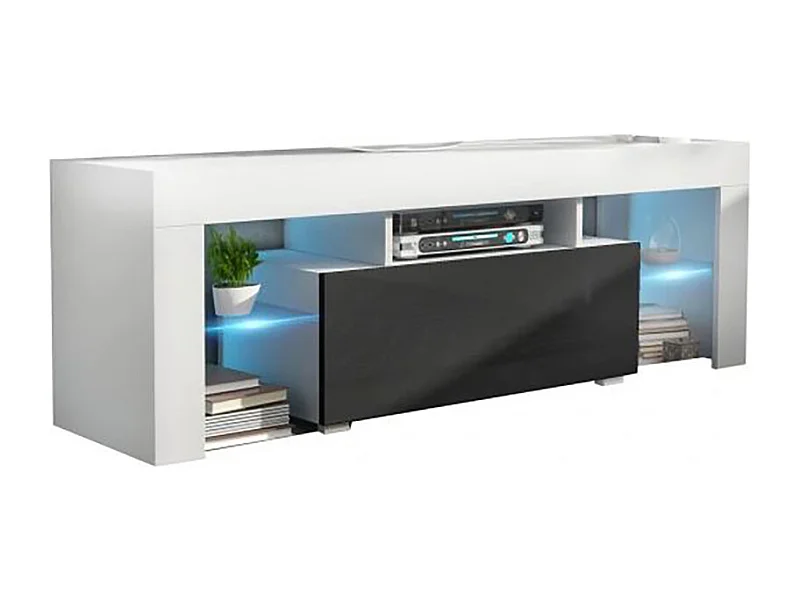 Meuble TV SPIDER A LED en Blanc MAT avec porte Noir Laqué 130 cm