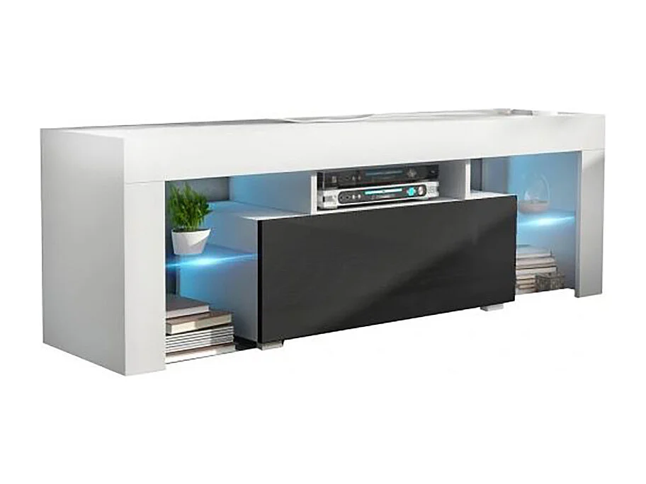 Meuble TV SPIDER A LED en Blanc MAT avec porte Noir Laqué 130 cm