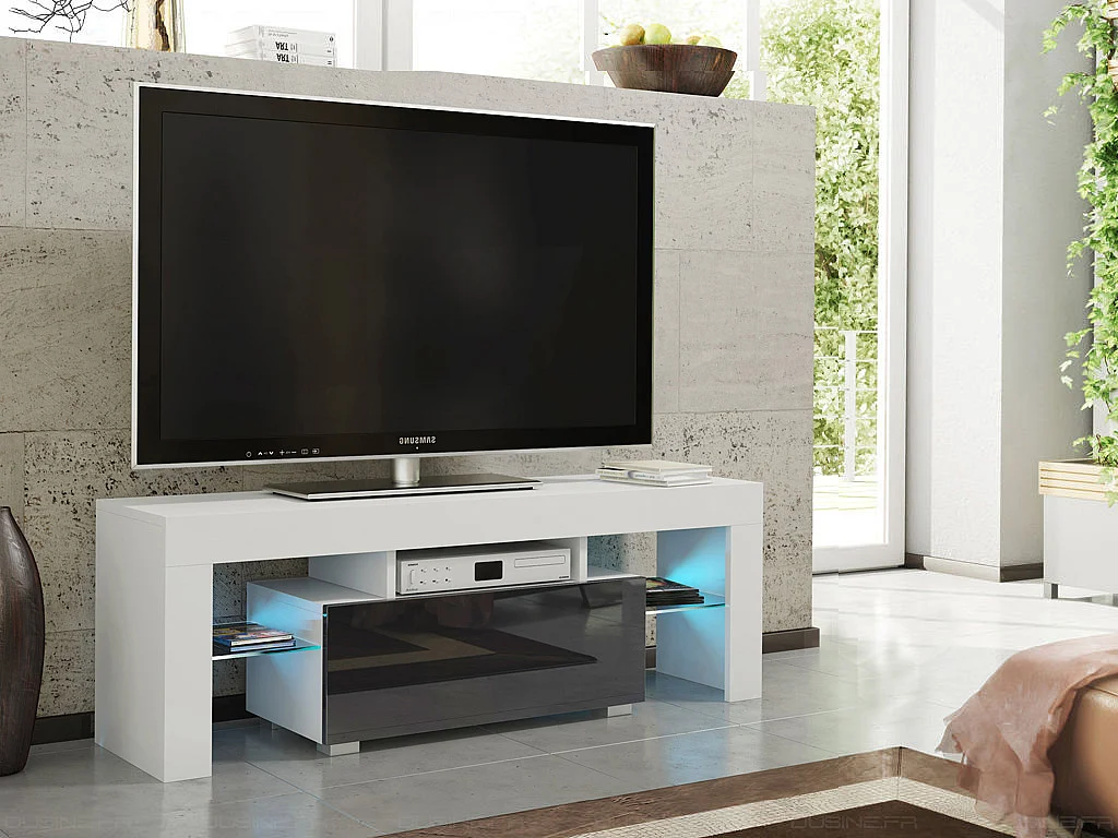 Meuble TV SPIDER A LED en Blanc MAT avec porte Noir Laqué 130 cm