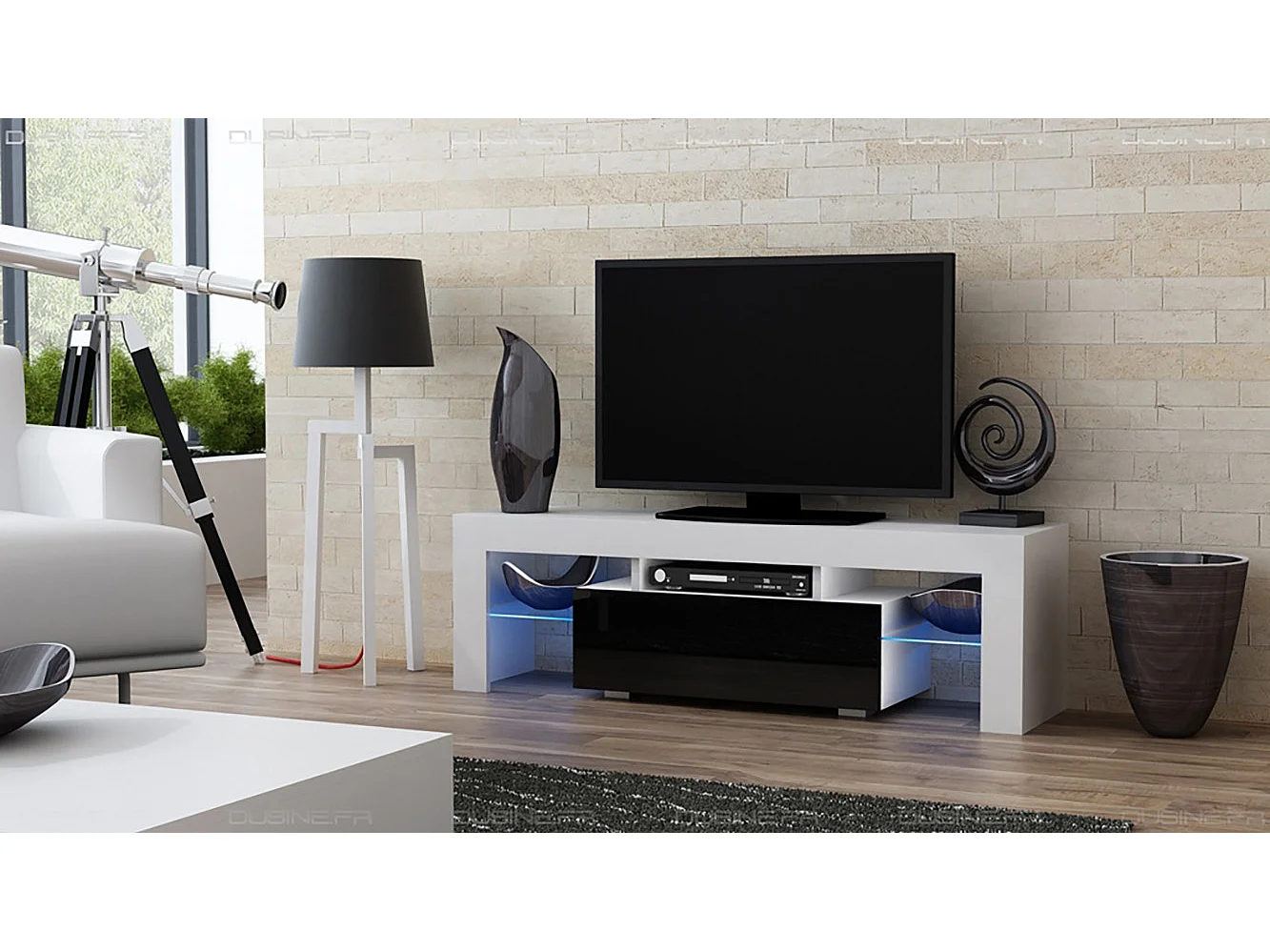 Meuble TV SPIDER A LED en Blanc MAT avec porte Noir Laqué 130 cm