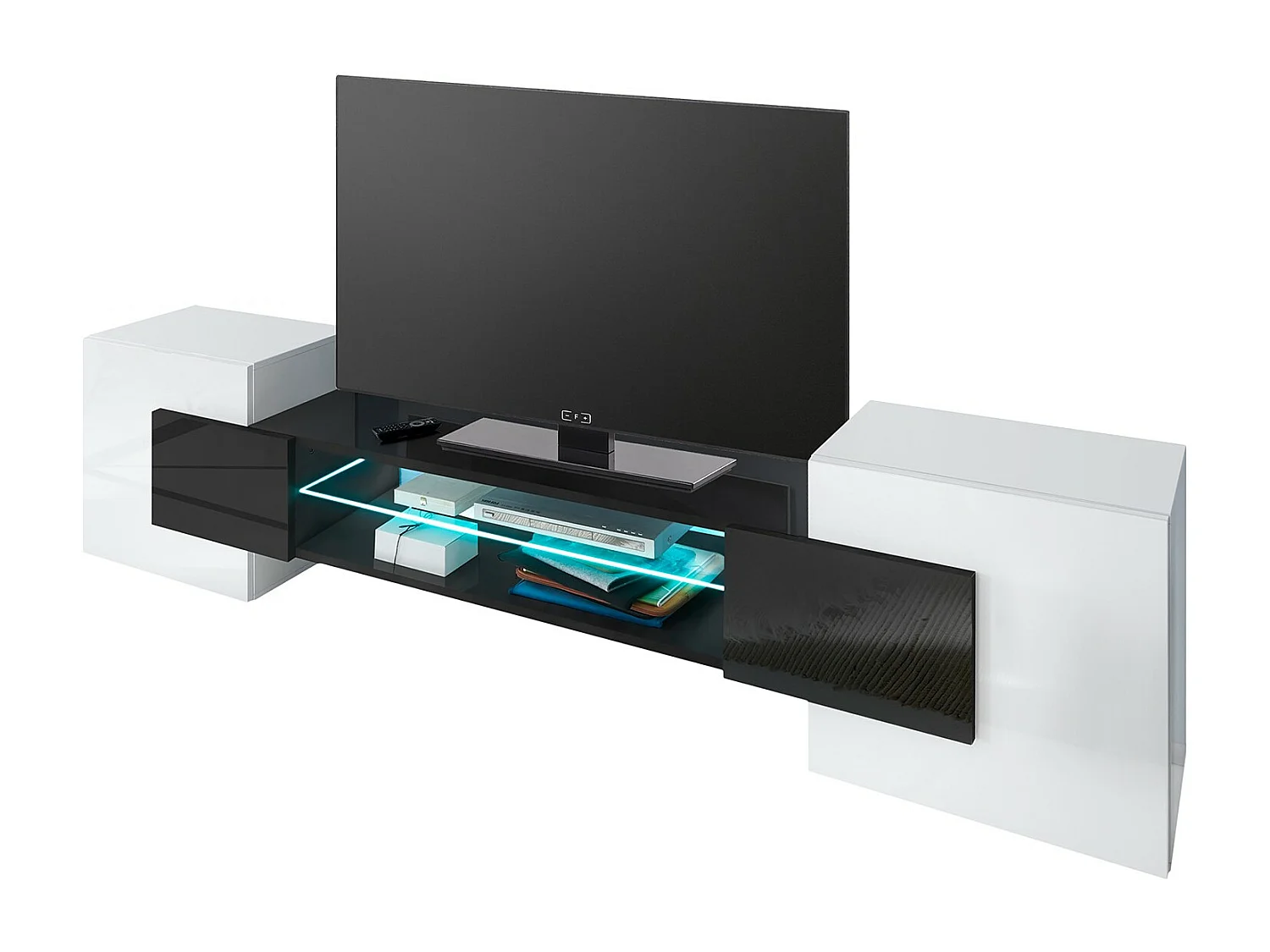 MEUBLE TV PABLO 230 cm avec LED Noir Mat et Blanc Laqué