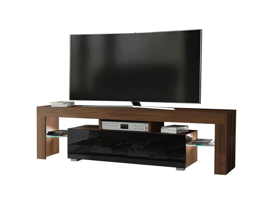 Meuble TV SPIDER A LED en Noyer MAT avec porte Noir Laqué 160 cm