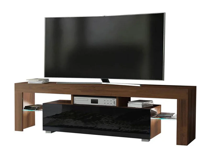 Meuble TV SPIDER A LED en Noyer MAT avec porte Noir Laqué 160 cm