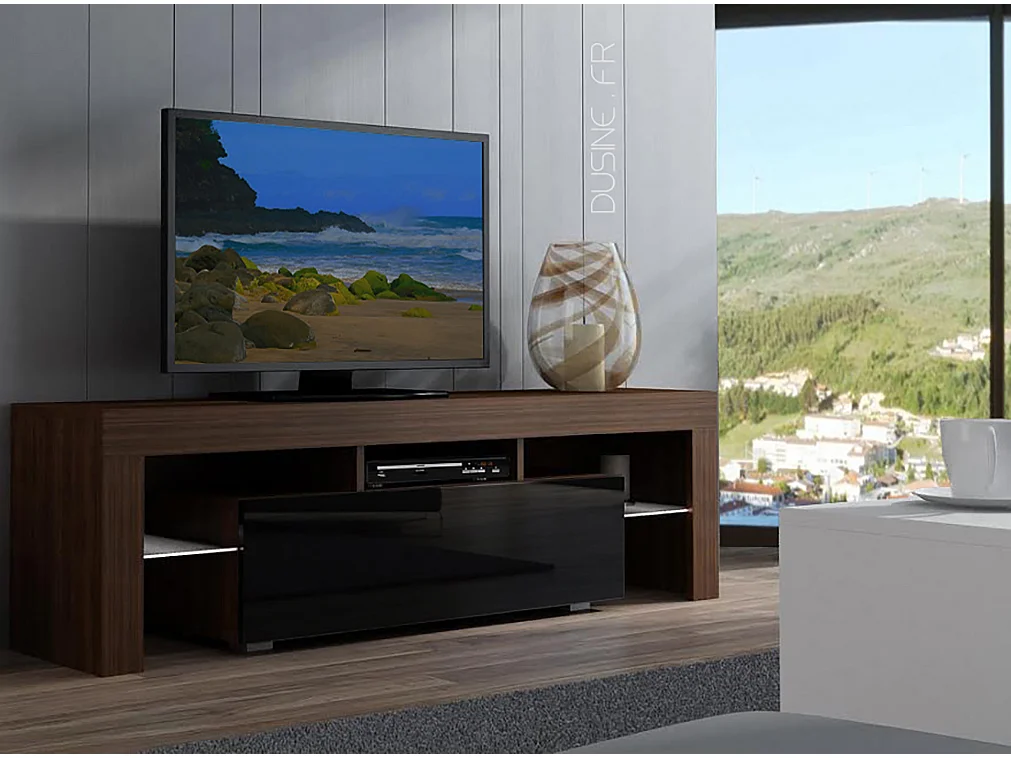 Meuble TV SPIDER A LED en Noyer MAT avec porte Noir Laqué 160 cm