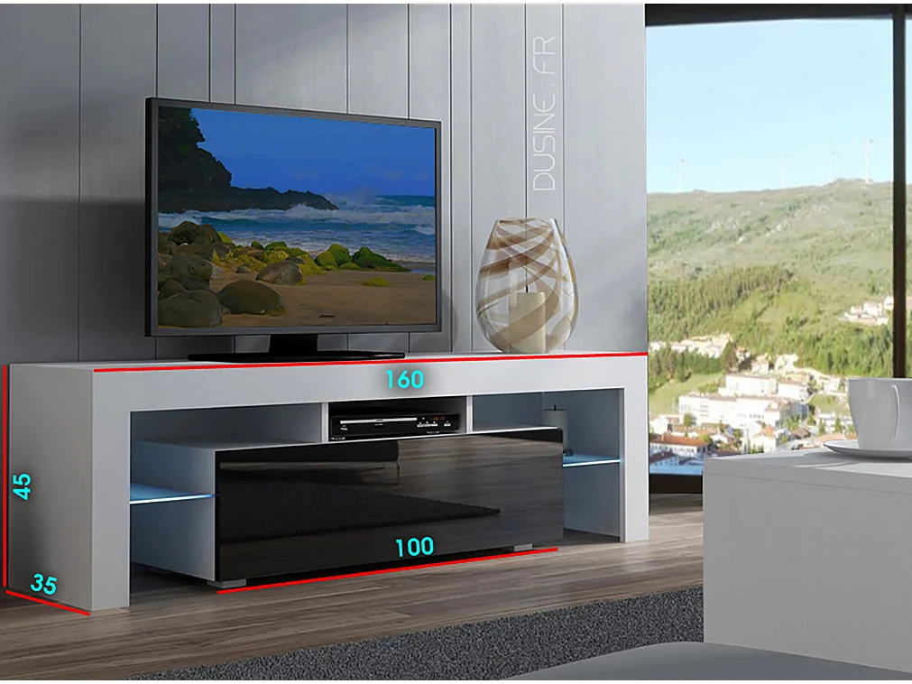 Meuble TV SPIDER A LED en Noyer MAT avec porte Noir Laqué 160 cm