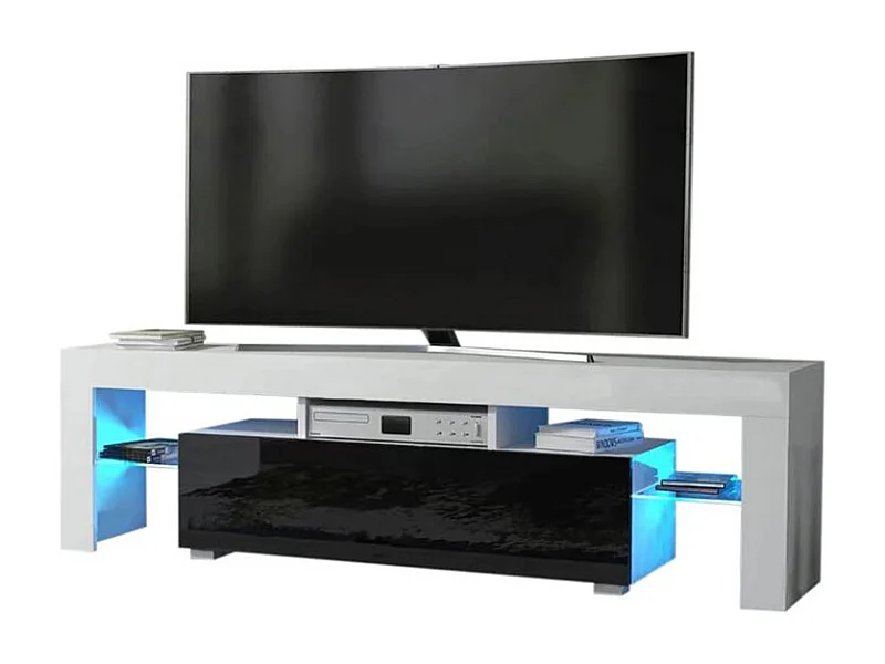 Meuble TV SPIDER A LED en Blanc MAT avec porte Noir Laqué 160 cm