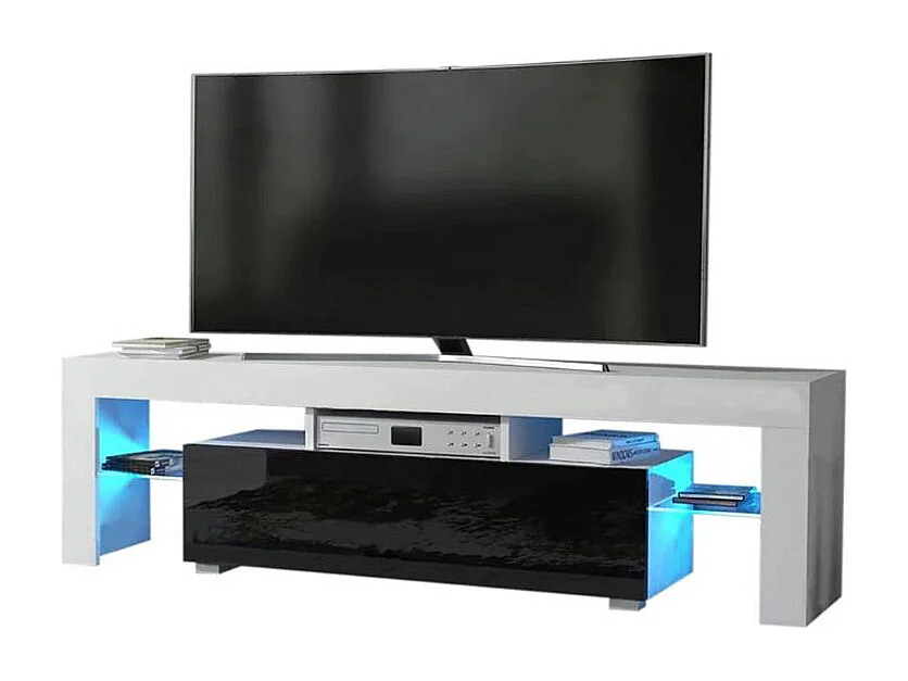 Meuble TV SPIDER A LED en Blanc MAT avec porte Noir Laqué 160 cm