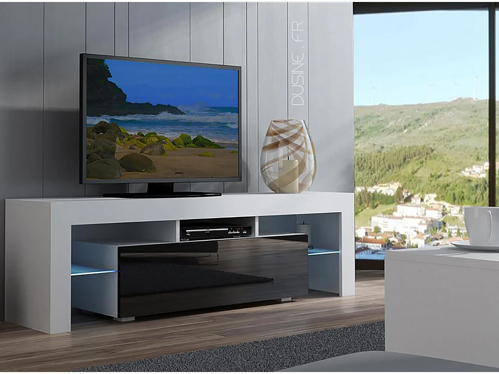 Meuble TV SPIDER A LED en Blanc MAT avec porte Noir Laqué 160 cm