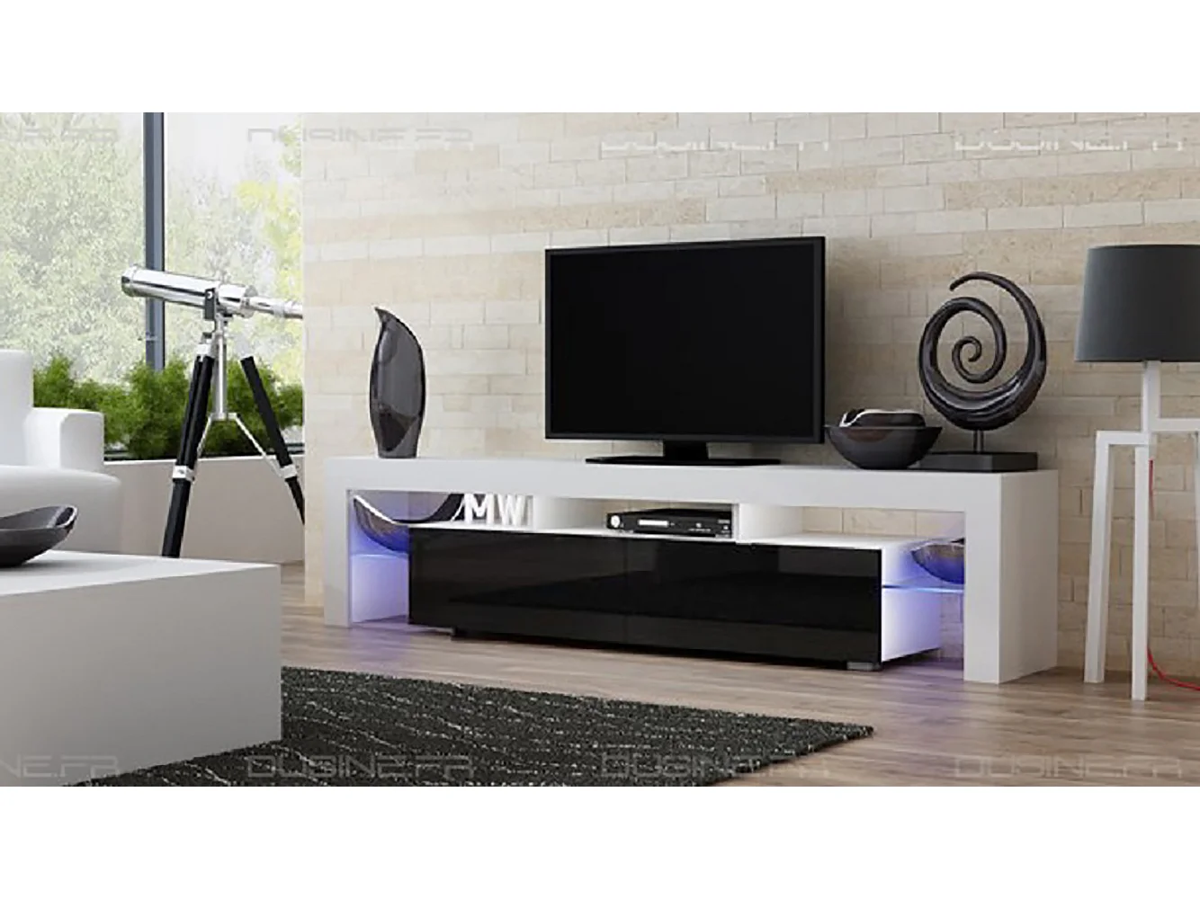 Meuble TV SPIDER BIG A LED en Blanc MAT avec portes Noir Laqué 200 cm