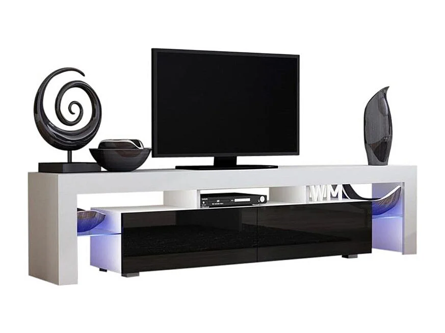 Meuble TV SPIDER BIG A LED en Blanc MAT avec portes Noir Laqué 200 cm