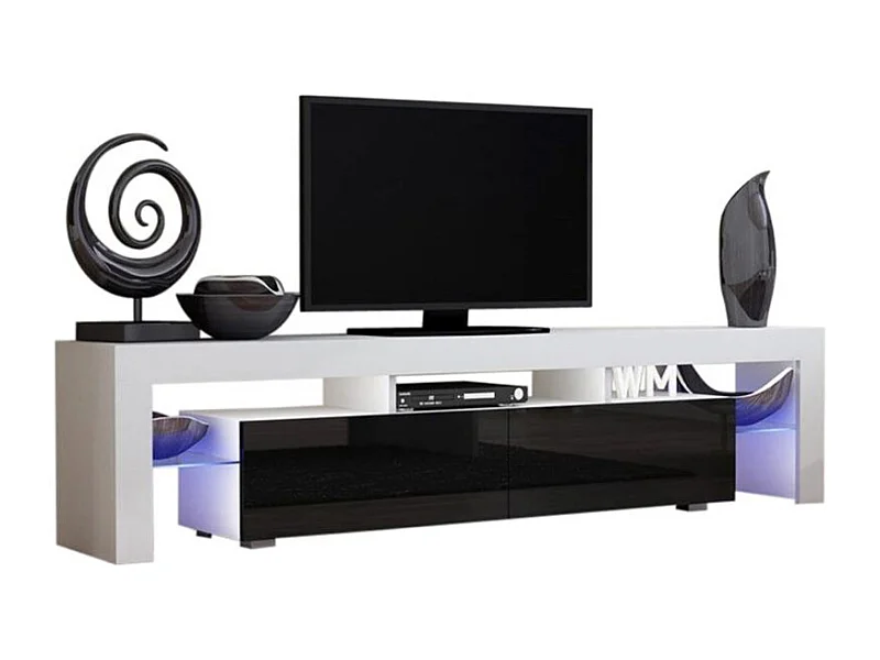 Meuble TV SPIDER BIG A LED en Blanc MAT avec portes Noir Laqué 200 cm