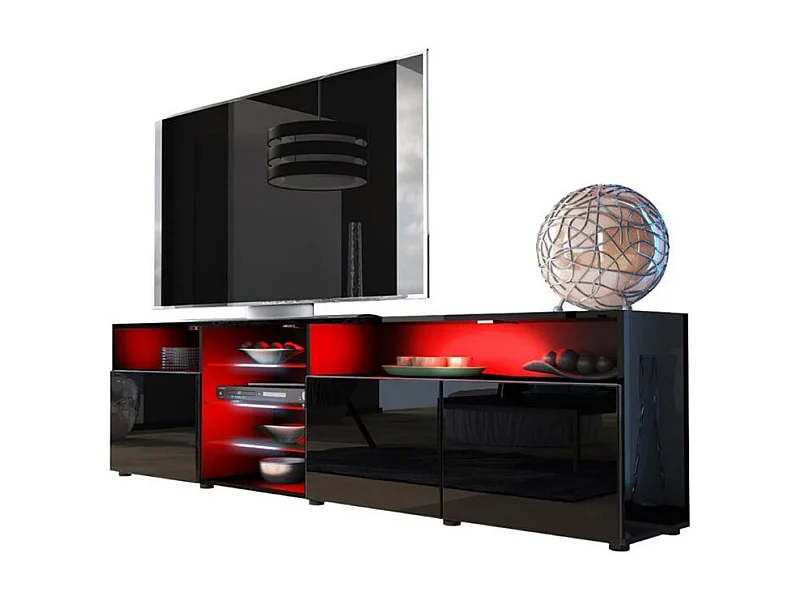 MEUBLE TV MASSIMO 200 cm Noir Mat et portes Noir Laquées LED RGB