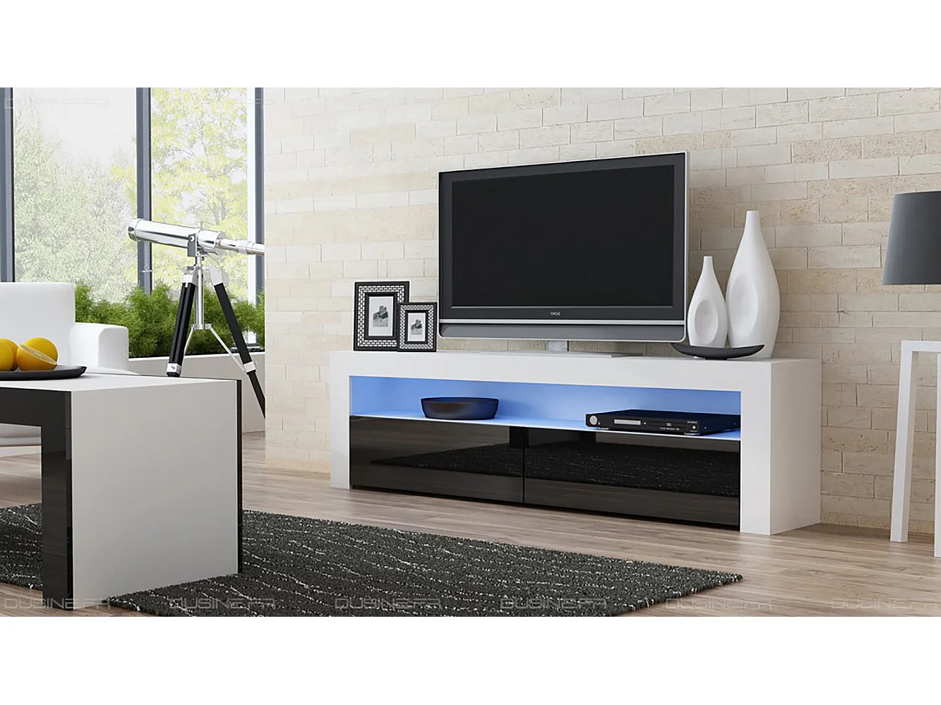 Meuble TV Savelli LED Blanc MAT et portes en Noir laqué 157 cm