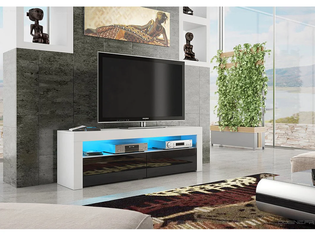 Meuble TV Savelli LED Blanc MAT et portes en Noir laqué 157 cm