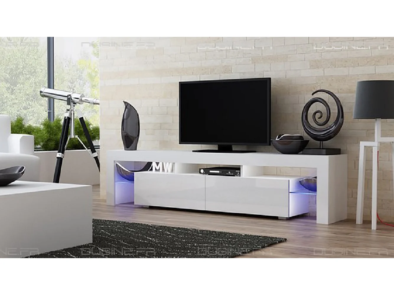 Meuble TV SPIDER BIG A LED en Blanc MAT avec portes Blanc Laqué 200 cm