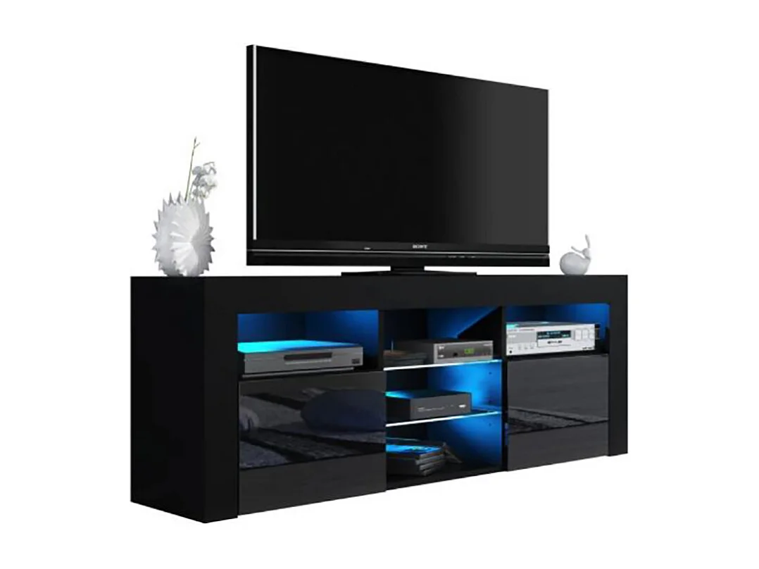 Meuble TV JIVE NOIR A LED 145 cm avec 2 portes laquées