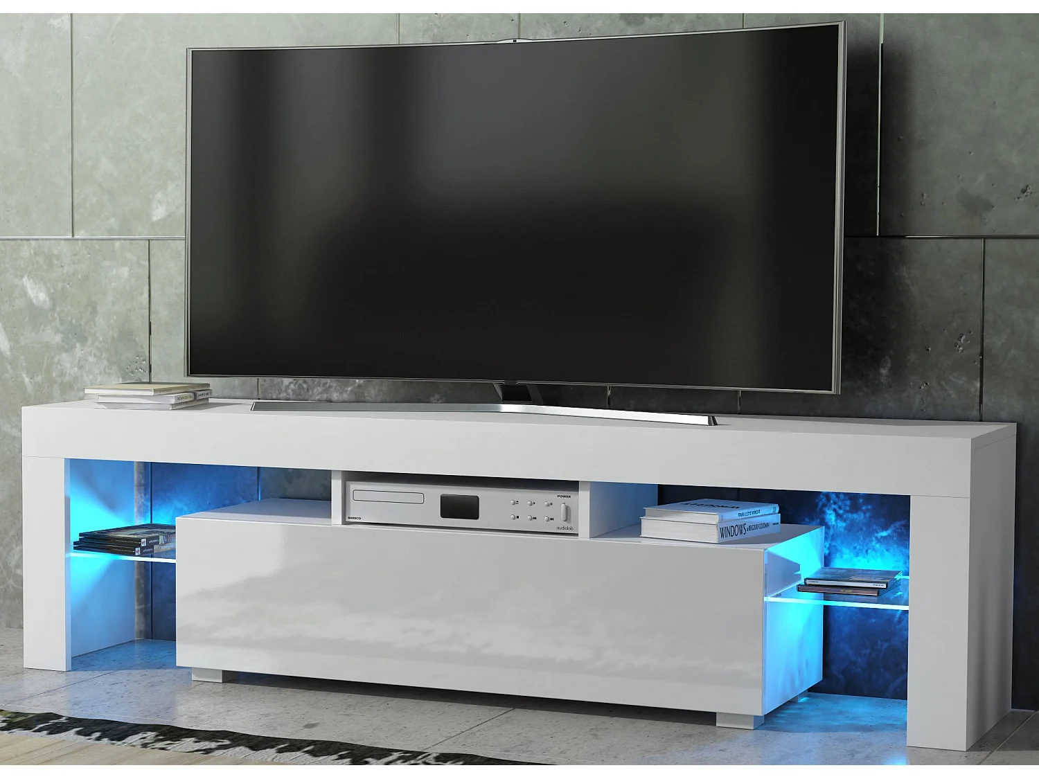 Meuble TV SPIDER A LED en Blanc MAT avec porte Blanc Laqué 160 cm