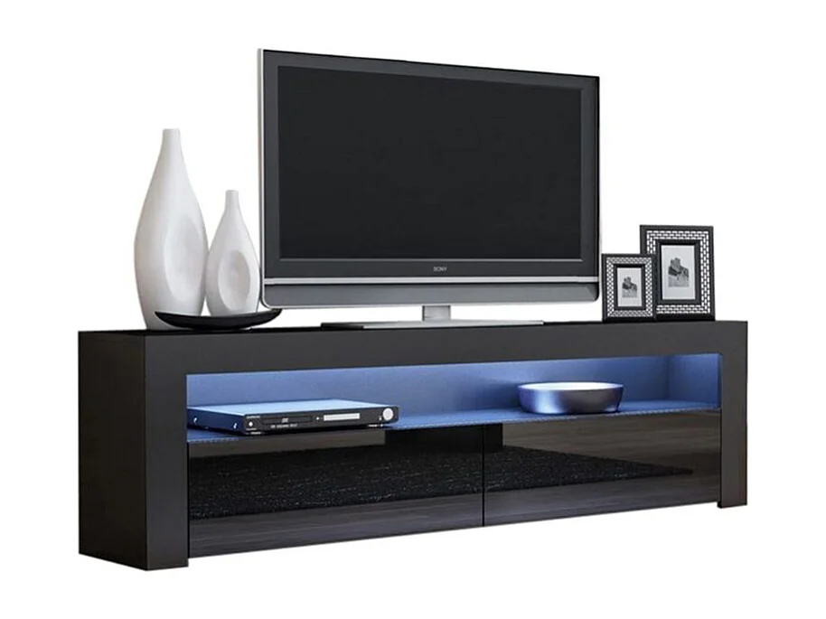 Meuble TV Savelli LED Noir MAT et portes en Noir laqué 157 cm