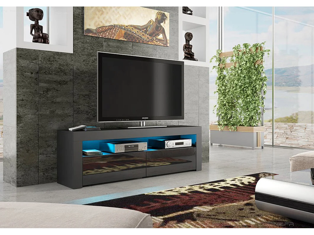 Meuble TV Savelli LED Noir MAT et portes en Noir laqué 157 cm