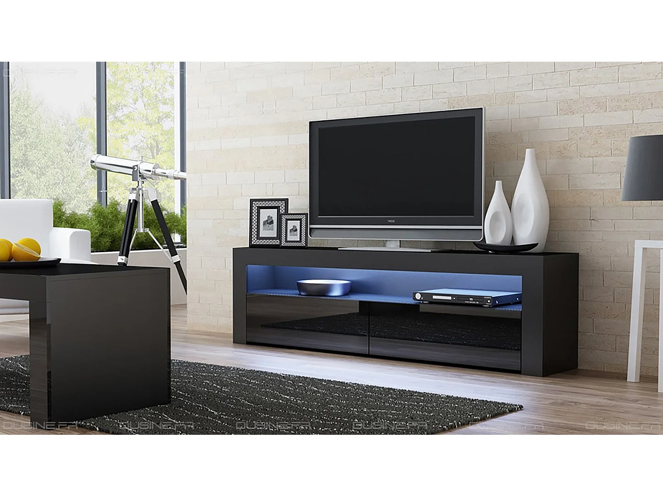 Meuble TV Savelli LED Noir MAT et portes en Noir laqué 157 cm